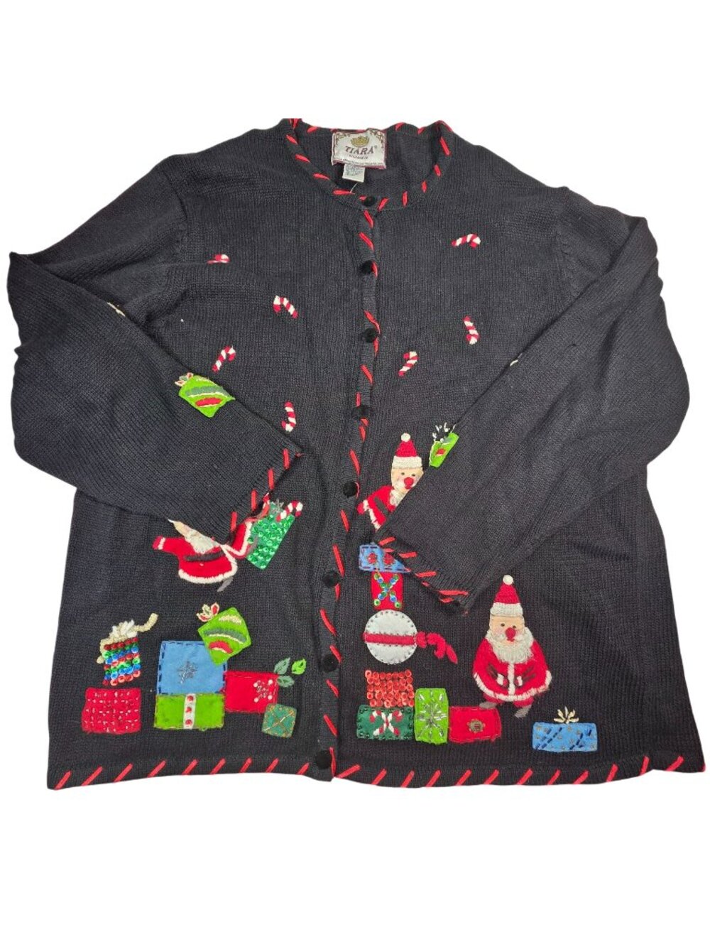 Vintage Tiara Womens Christmas Cardigan Sweater Santa & Candy Cane, 1X